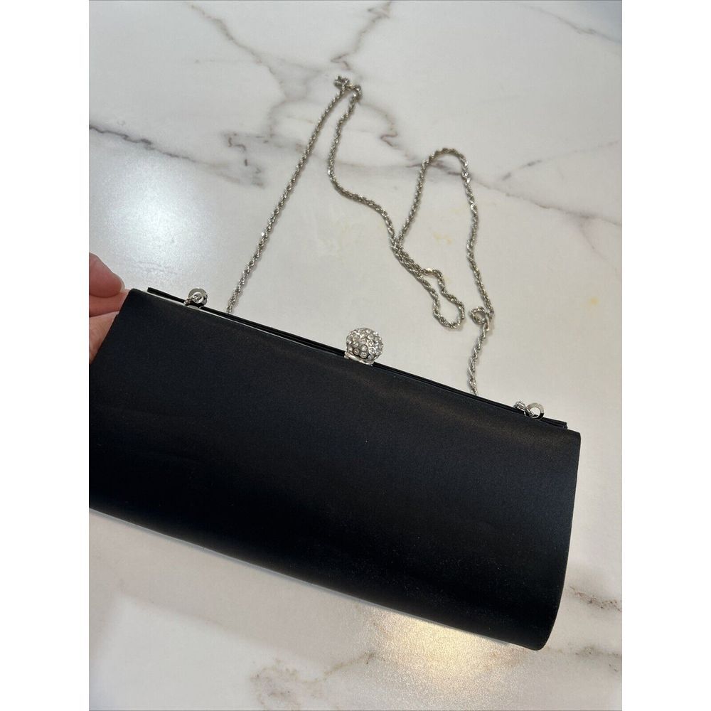 La Regale Peau De Soi Clutch Purse, Crystal Floral Clasp Silver Chain, Black
